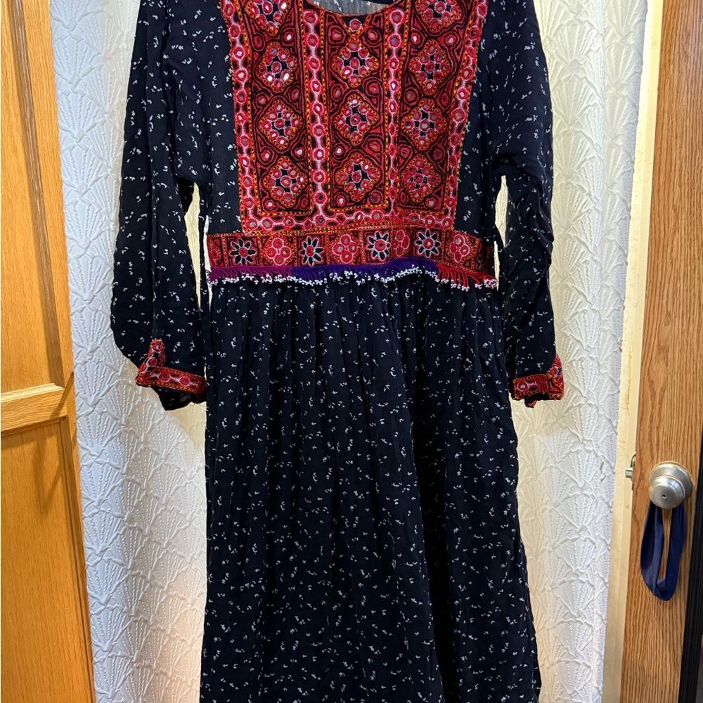 Homemade Sindh Black Dress with Red Embroidery with mirrors & beads colorful